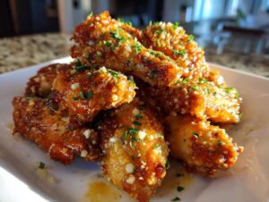Close-up of crispy, glazed chicken wings topped with grated parmesan and fresh parsley.