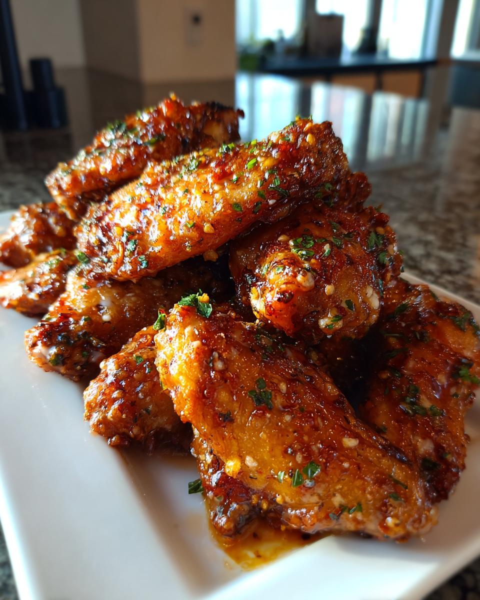 A close-up of a pile of crispy chicken wings coated in a sticky, savory glaze and sprinkled with parsley.