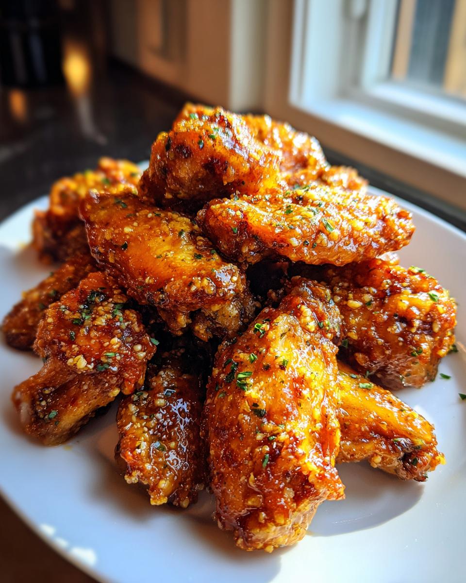A pile of crispy, glazed chicken wings coated in a sticky sauce and sprinkled with herbs.