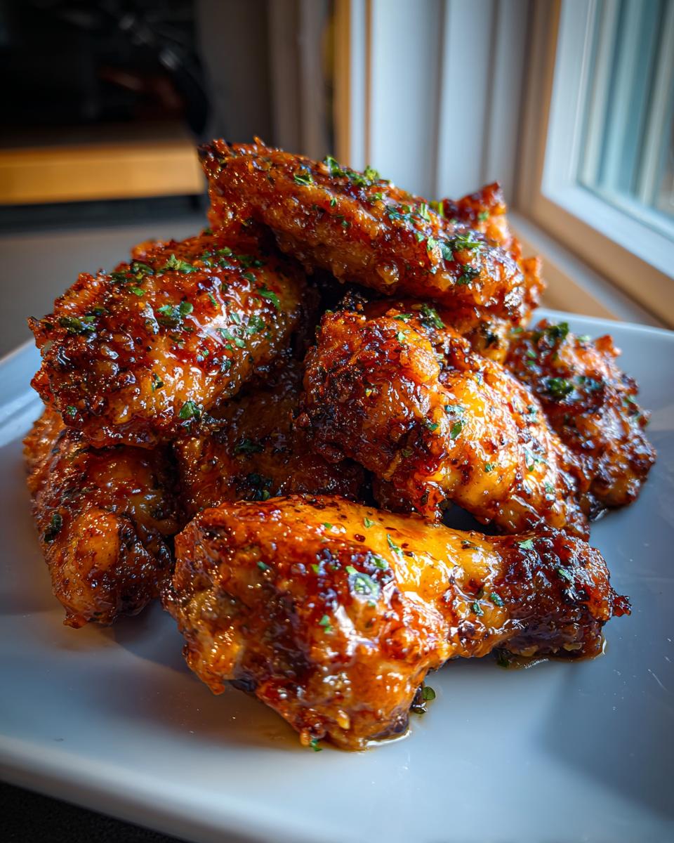A close-up of a pile of crispy, glazed chicken wings sprinkled with parsley on a white plate.