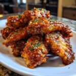 A pile of crispy, glazed chicken wings coated in a sticky sauce and sprinkled with parsley.