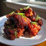 A close-up of glossy, dark red Korean fried chicken pieces piled on a white plate, garnished with sesame seeds and green onions.