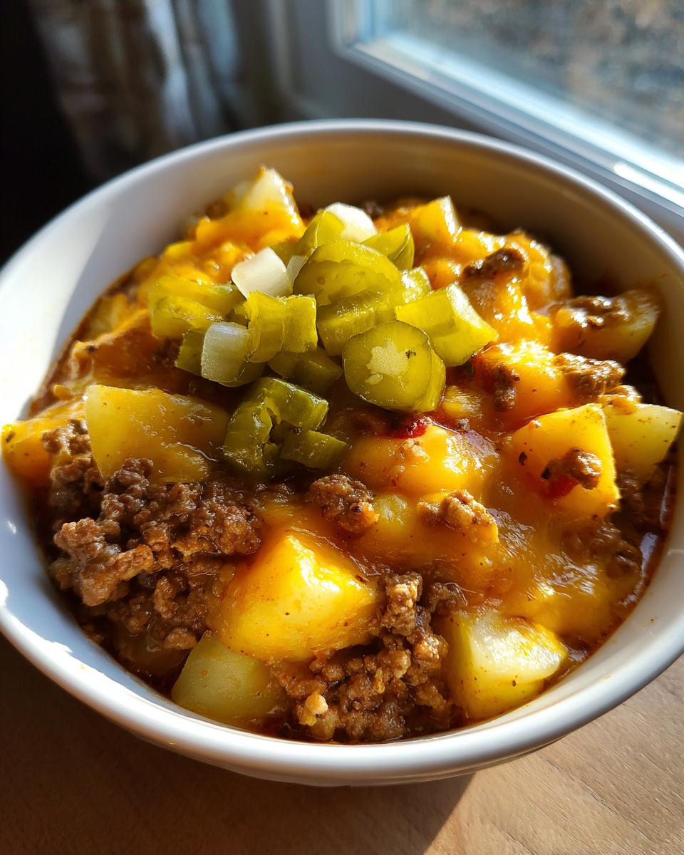 Close-up of a bowl of crockpot cheeseburger soup featuring potatoes, ground beef, melted cheese, and topped with diced pickles and onions.
