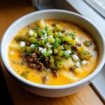 A close-up of a bowl of creamy crockpot cheeseburger soup topped with ground beef, diced onions, and green peppers.