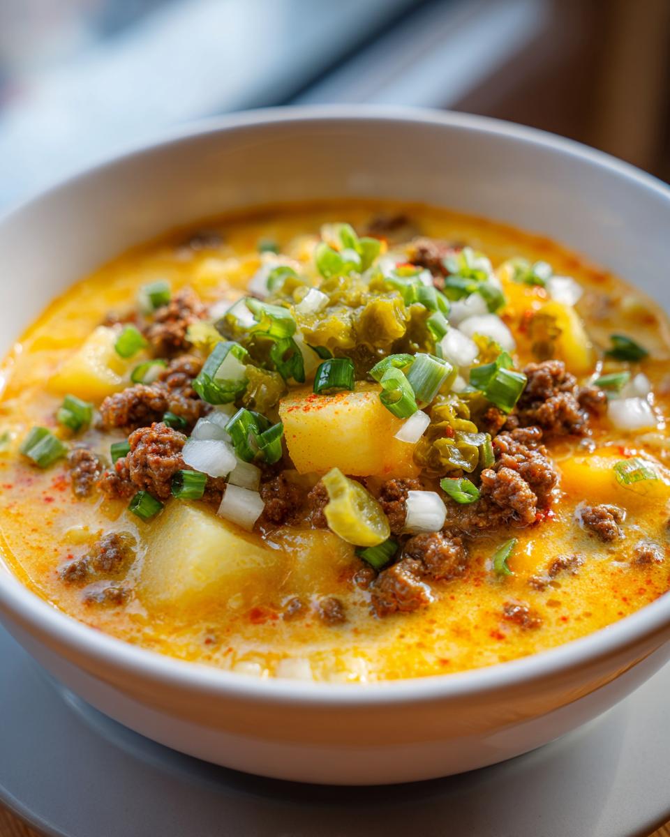 A close-up of a bowl of creamy crockpot cheeseburger soup, topped with ground beef, potatoes, onions, and relish.