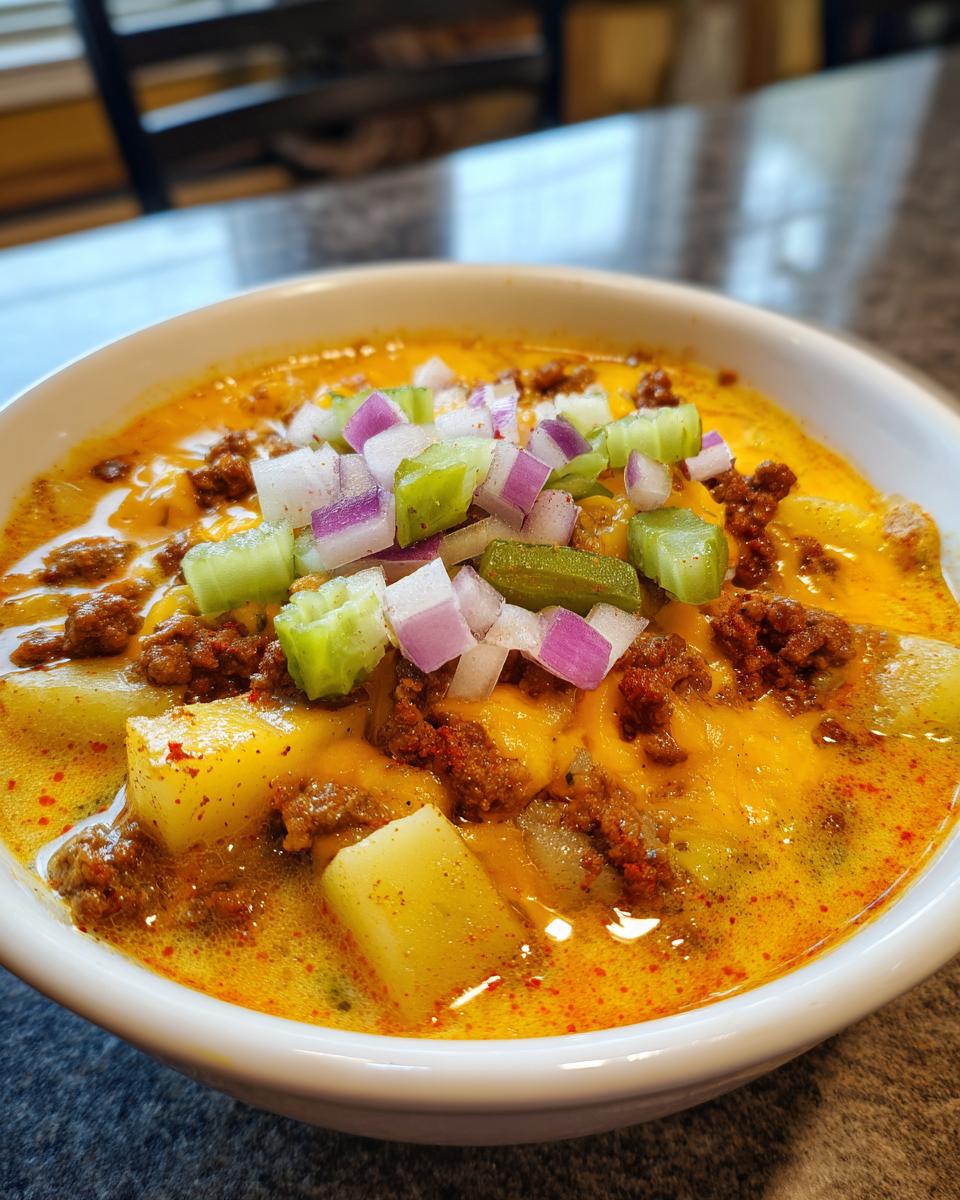 Close-up of a bowl of rich crockpot cheeseburger soup with melted cheese, ground beef, potatoes, and topped with diced red onion and celery.