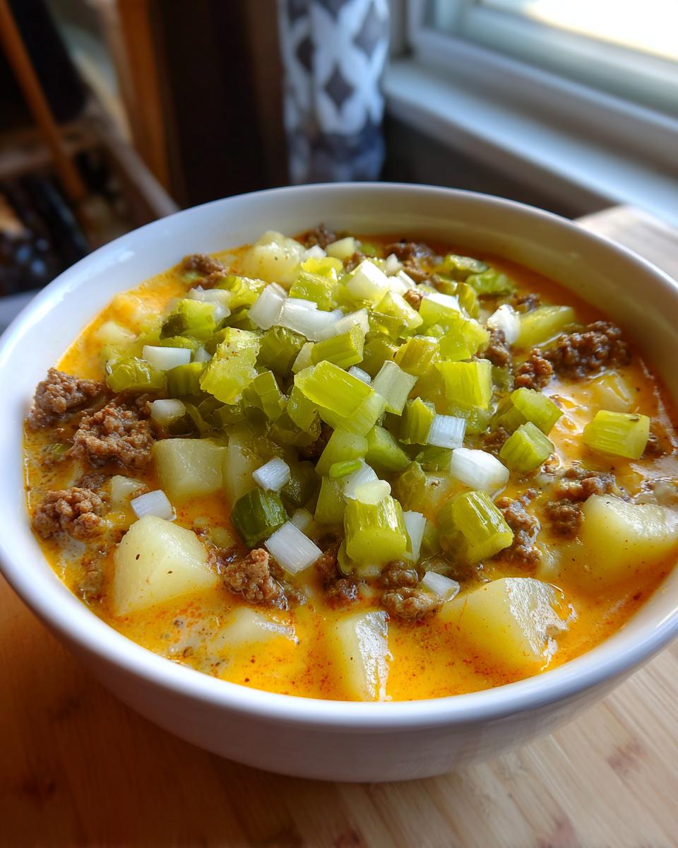 A close-up of a bowl of creamy crockpot cheeseburger soup topped with ground beef, potatoes, celery, and onions.