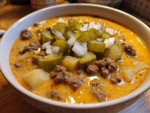 A close-up of a bowl of rich, creamy crockpot cheeseburger soup topped with ground beef, pickles, and diced onions.