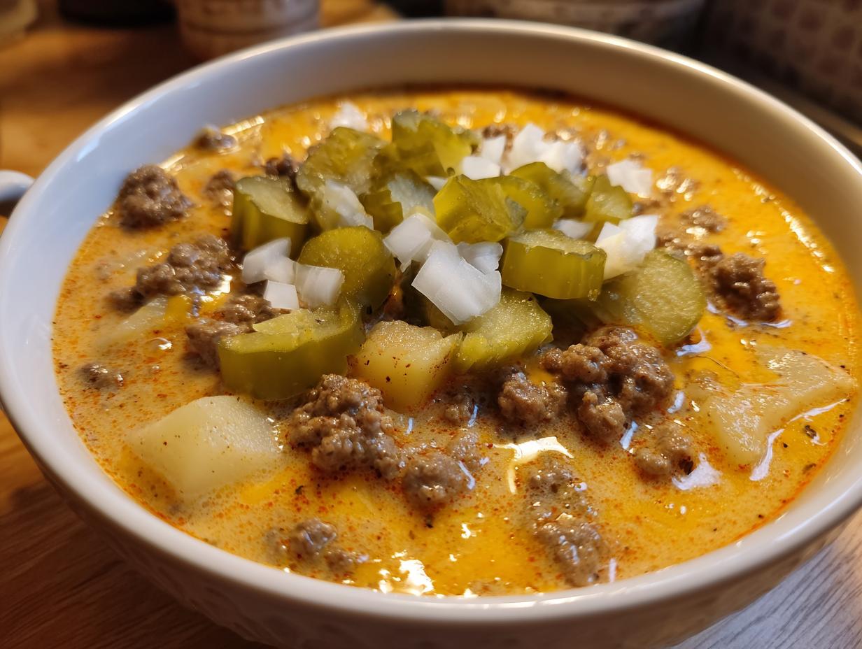 A close-up of a bowl of rich, creamy crockpot cheeseburger soup topped with ground beef, pickles, and diced onions.