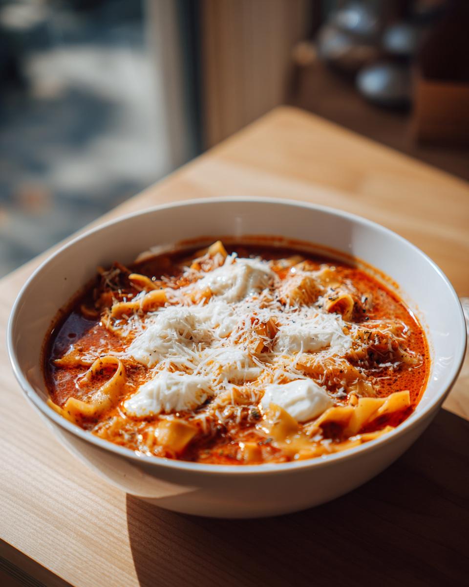A close-up of a white bowl filled with rich, red crockpot lasagna soup, topped with dollops of ricotta and grated Parmesan cheese.