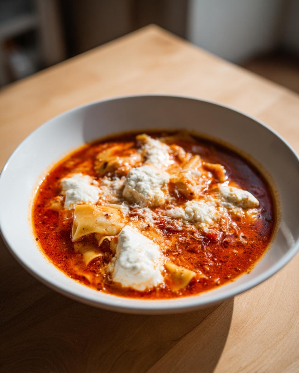 A white bowl filled with rich, red crockpot lasagna soup topped with dollops of ricotta and grated parmesan cheese.