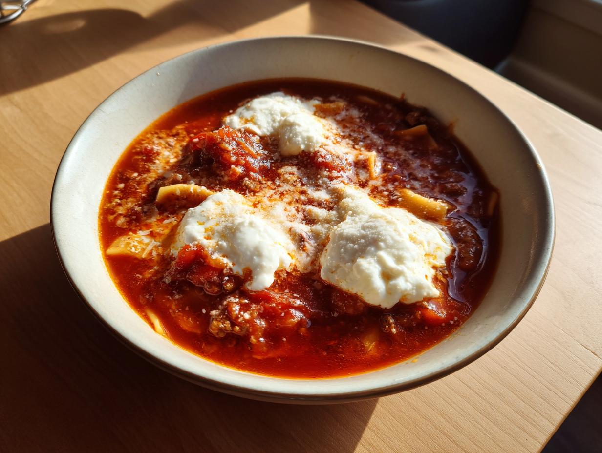 A bowl of rich, red crockpot lasagna soup topped with dollops of white ricotta cheese and grated Parmesan.