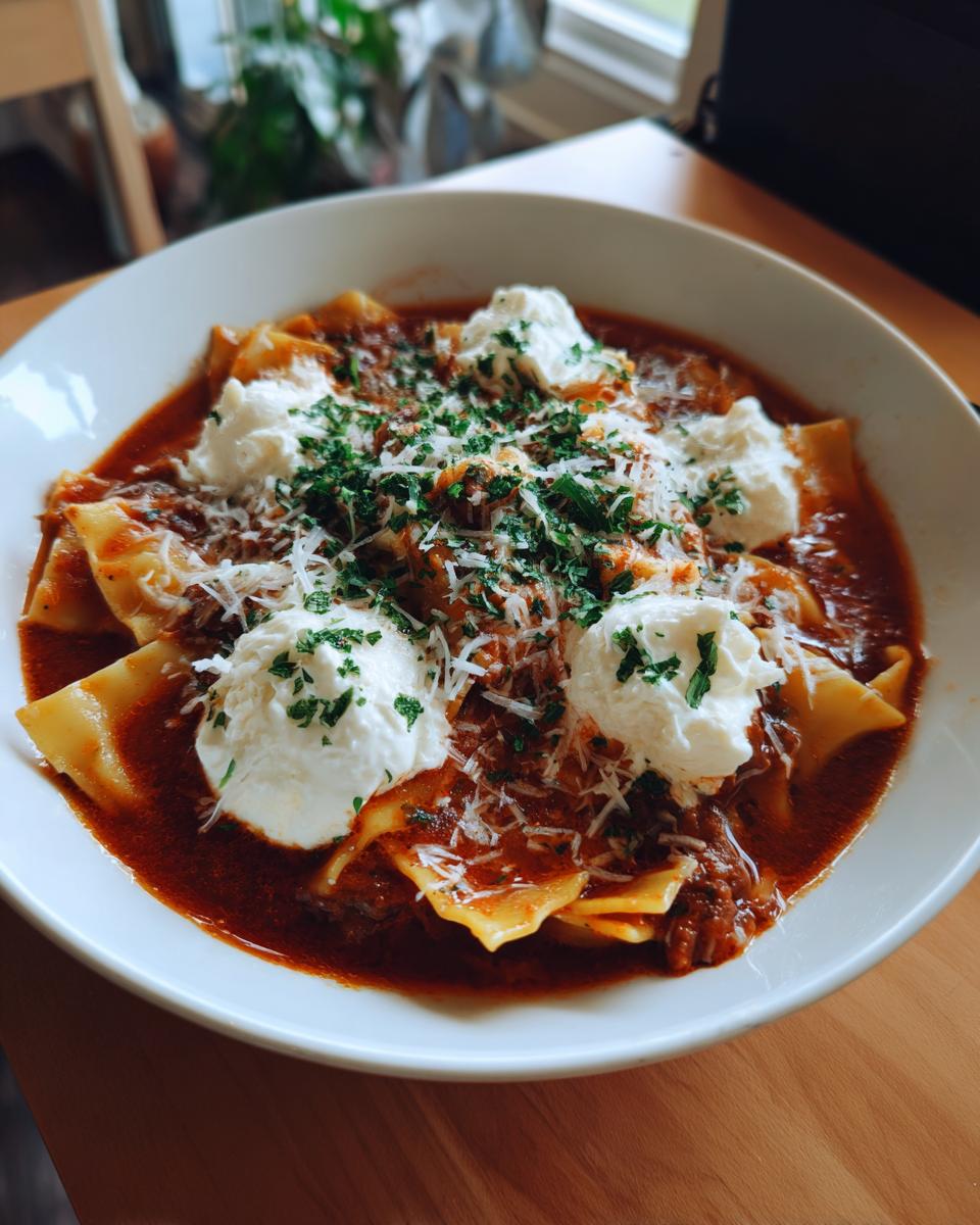 A close-up of a bowl of crockpot lasagna soup topped with dollops of ricotta, parmesan, and fresh parsley.