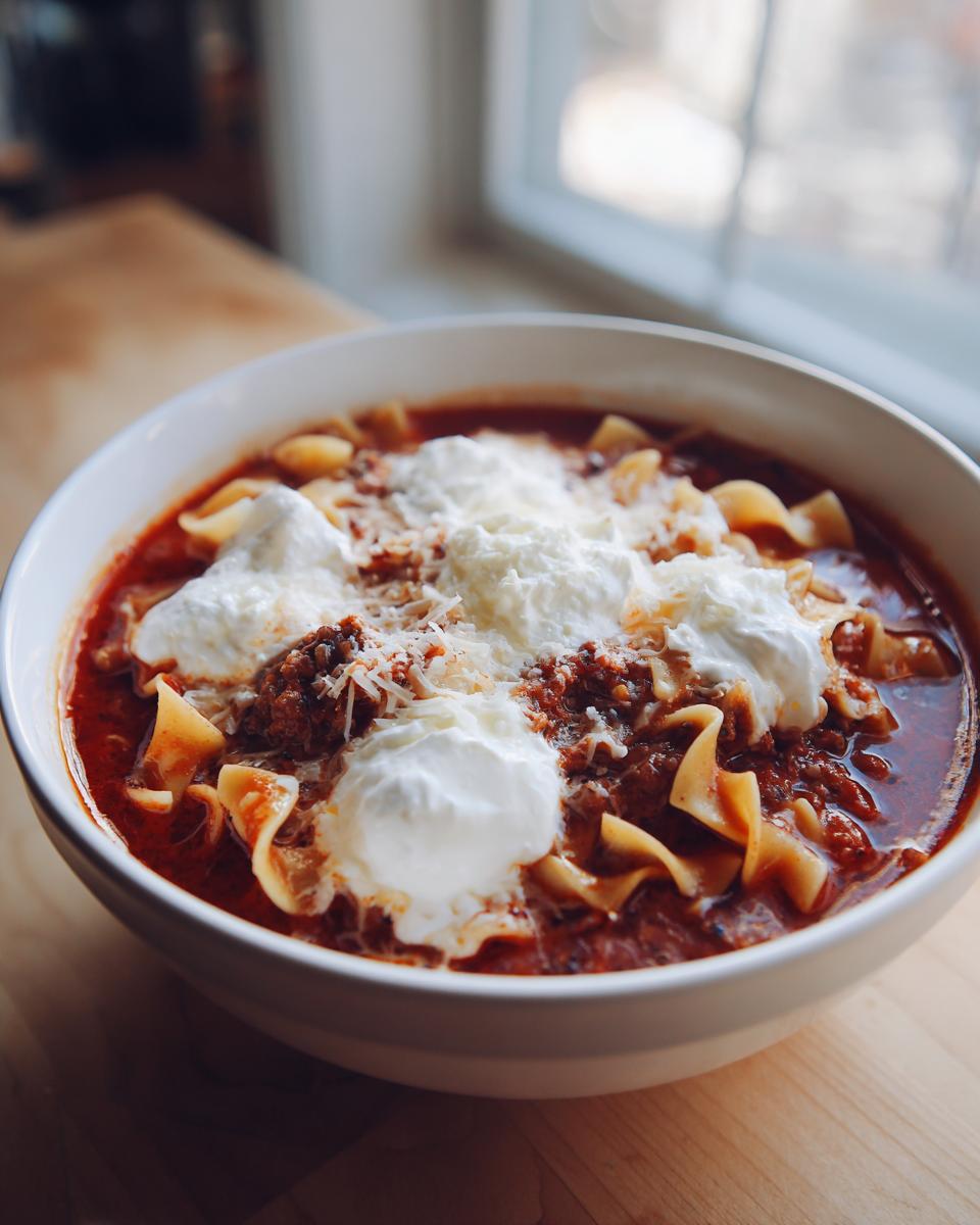 A white bowl filled with rich crockpot lasagna soup, topped with dollops of ricotta and grated parmesan.