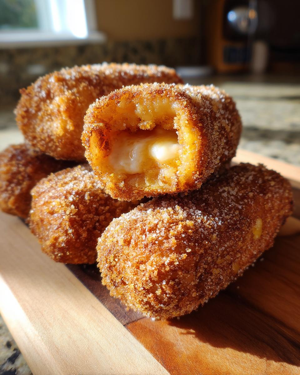 A close-up of several sugar-coated korean corn dog pieces stacked on a wooden board, one cut open showing melted mozzarella cheese inside.