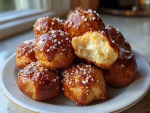 A pile of freshly baked, glossy pretzel bites sprinkled with coarse salt, one broken open showing the soft interior.