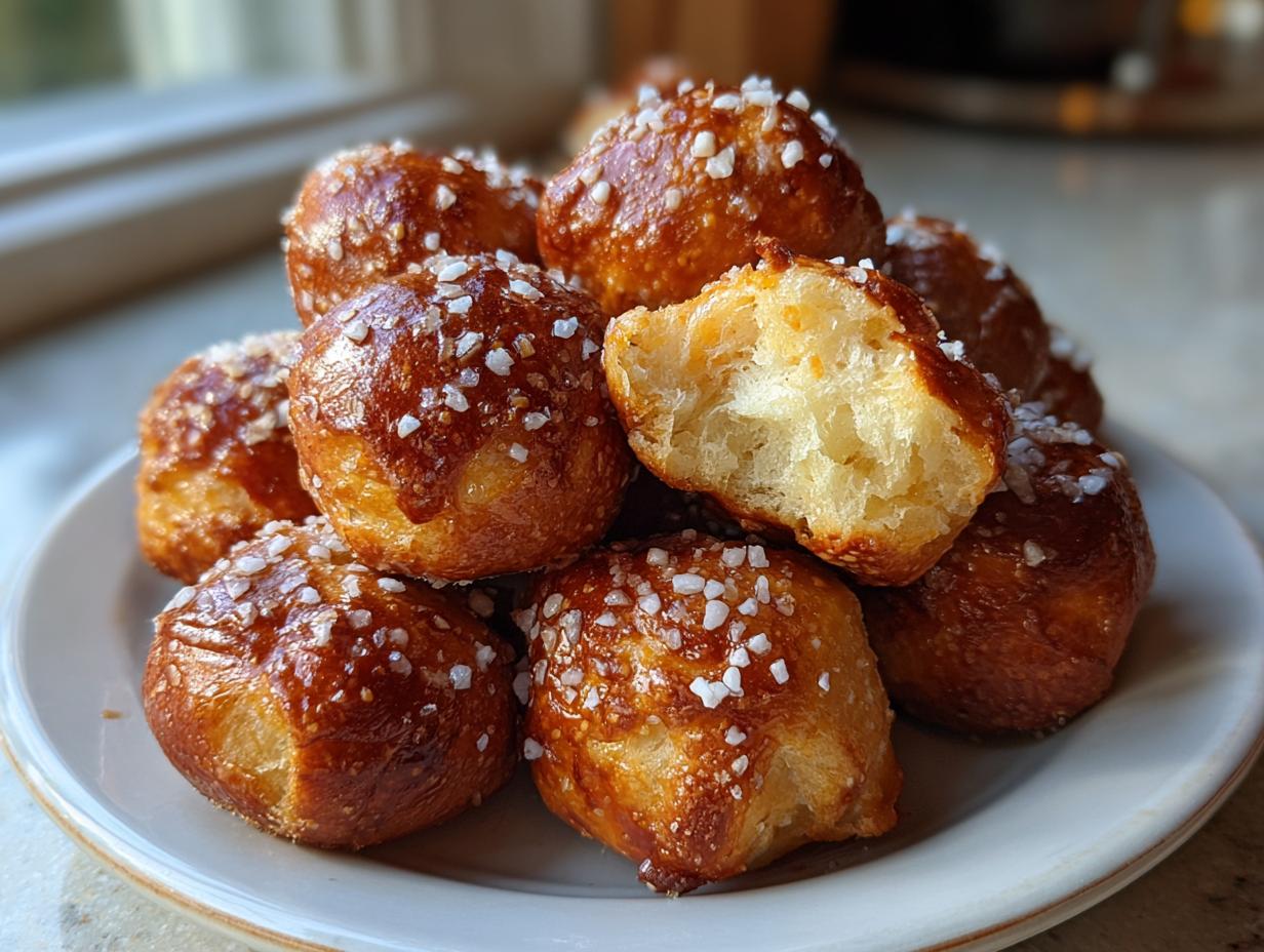 A pile of freshly baked, glossy pretzel bites sprinkled with coarse salt, one broken open showing the soft interior.