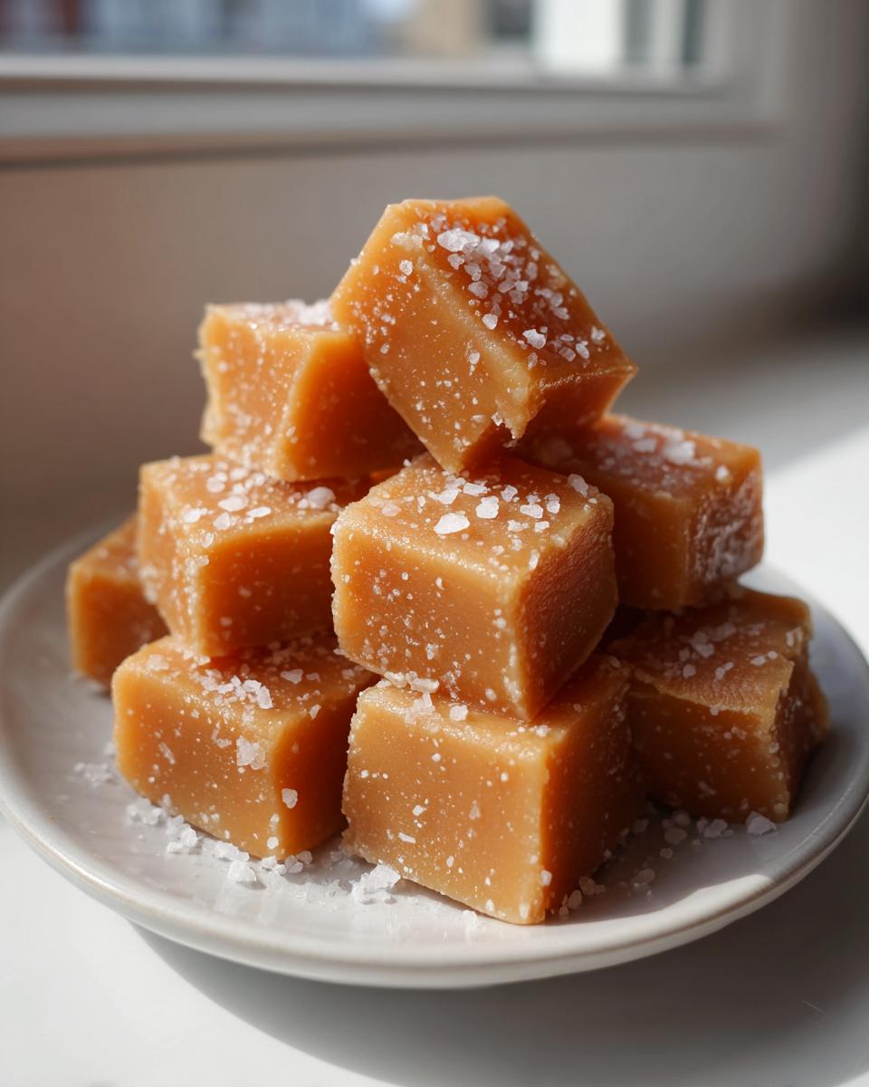 A stack of homemade, buttery caramels topped with flaky sea salt, ready to eat.