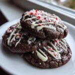 Three rich double chocolate peppermint cookies stacked on a white plate, drizzled with white chocolate and topped with crushed candy canes.