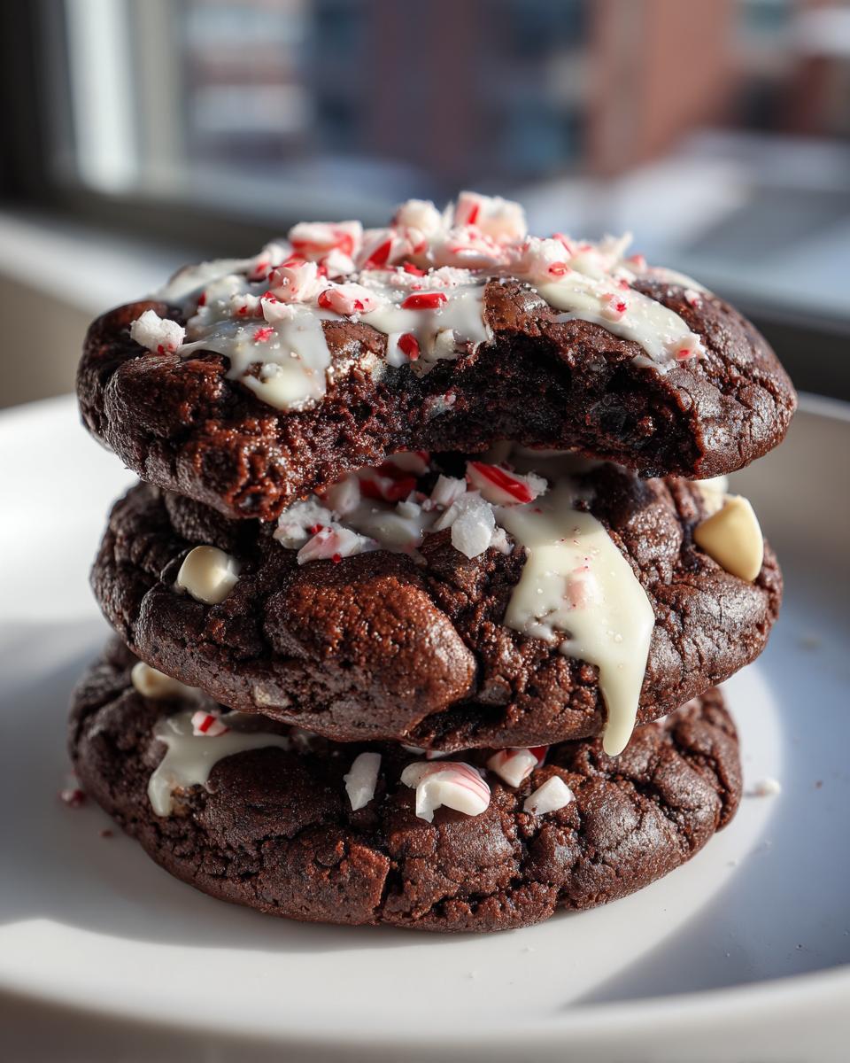 A stack of three rich double chocolate peppermint cookies topped with white chocolate drizzle and crushed candy canes.