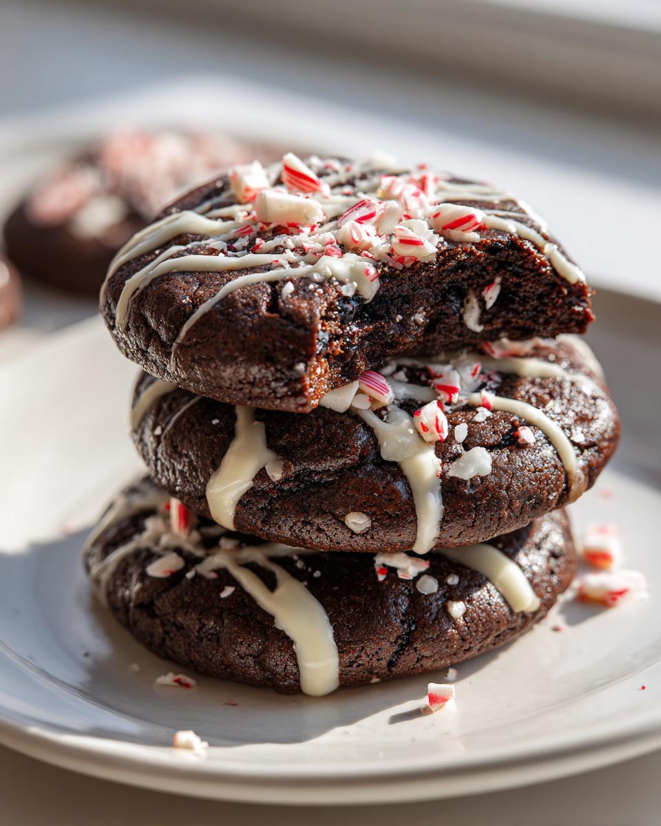 A stack of three rich, dark double chocolate peppermint cookies drizzled with white icing and topped with crushed candy canes.