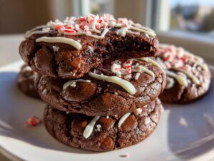 A stack of three rich, dark double chocolate peppermint cookies topped with white icing and crushed candy canes.