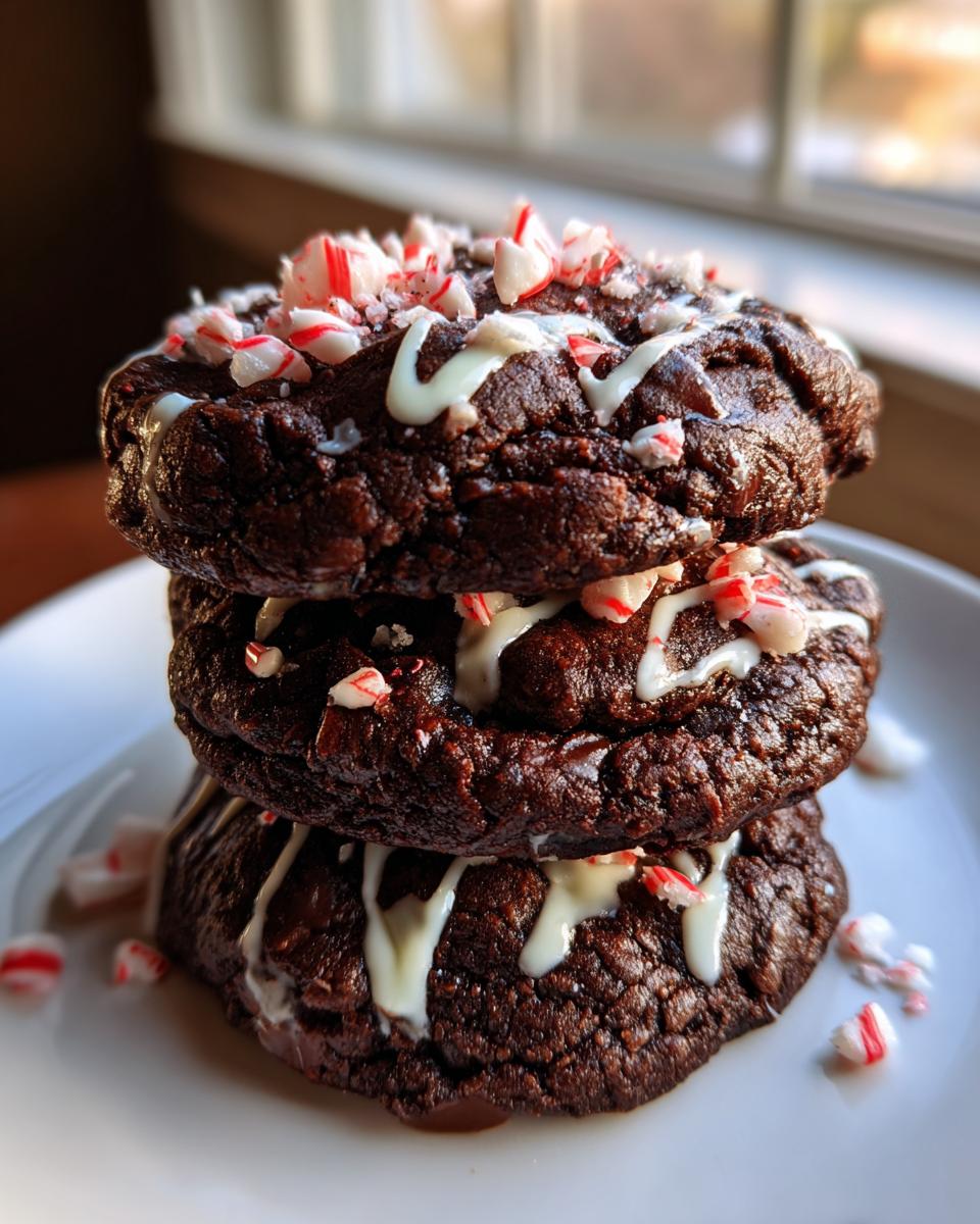 A stack of three rich, dark double chocolate peppermint cookies drizzled with white icing and topped with crushed candy canes.