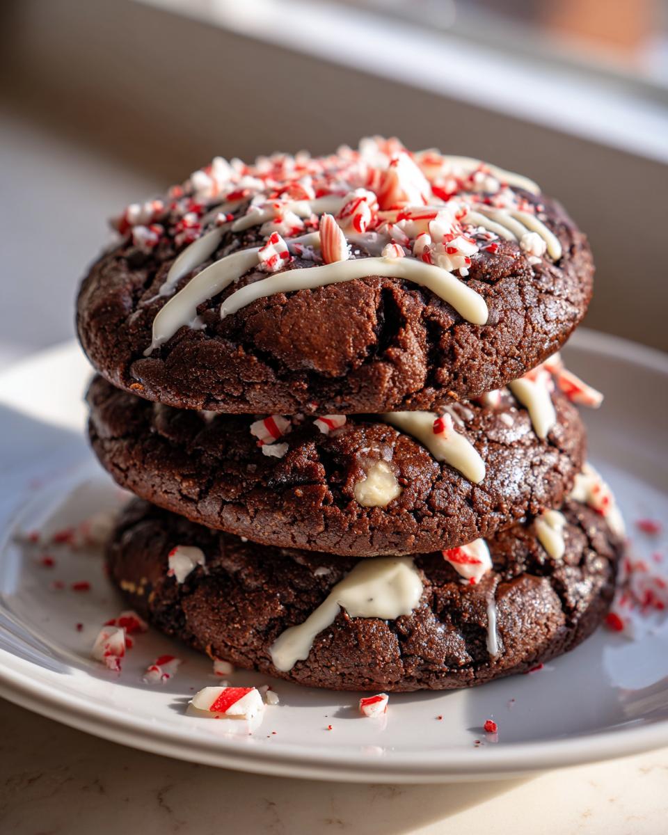 A stack of three rich, dark double chocolate peppermint cookies drizzled with white chocolate and topped with crushed candy canes.