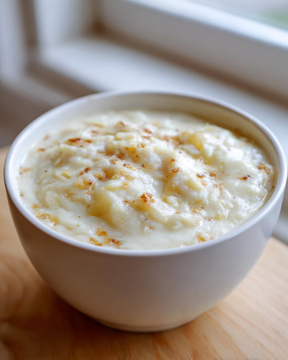 A close-up of thick, creamy easy crockpot potato soup topped with crispy browned onions in a white bowl.