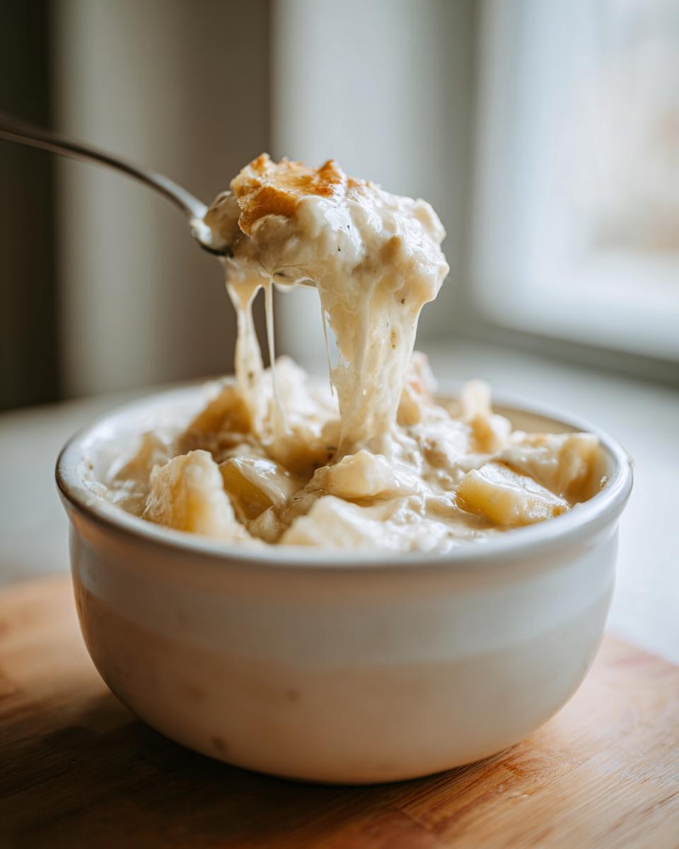 A spoonful of creamy, cheesy easy crockpot potato soup being lifted from a white bowl.