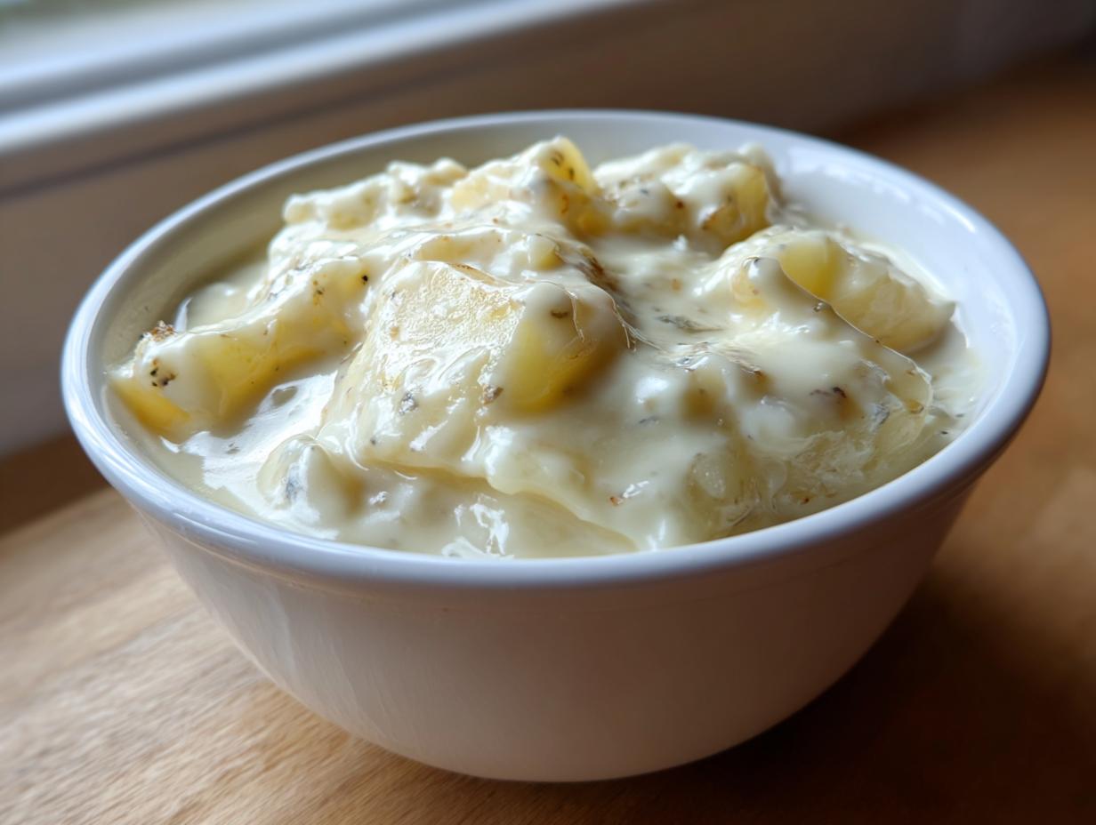 Close-up of thick, creamy easy crockpot potato soup chunks in a white bowl on a wooden surface.