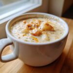 Close-up of a white mug filled with creamy easy crockpot potato soup, topped with melted cheese and black pepper.