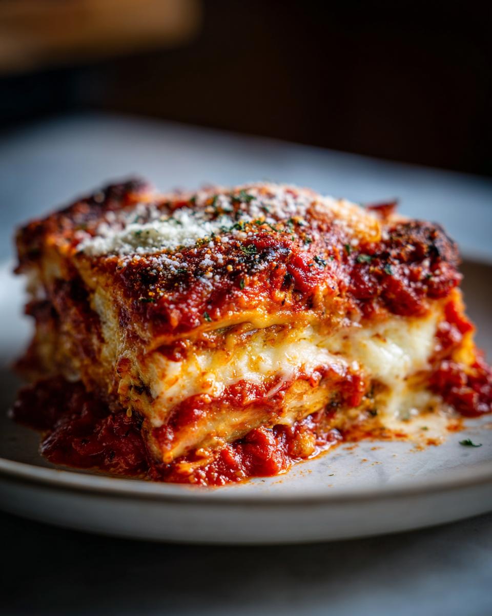 A thick, cheesy slice of baked eggplant parmesan covered in rich tomato sauce and grated cheese.