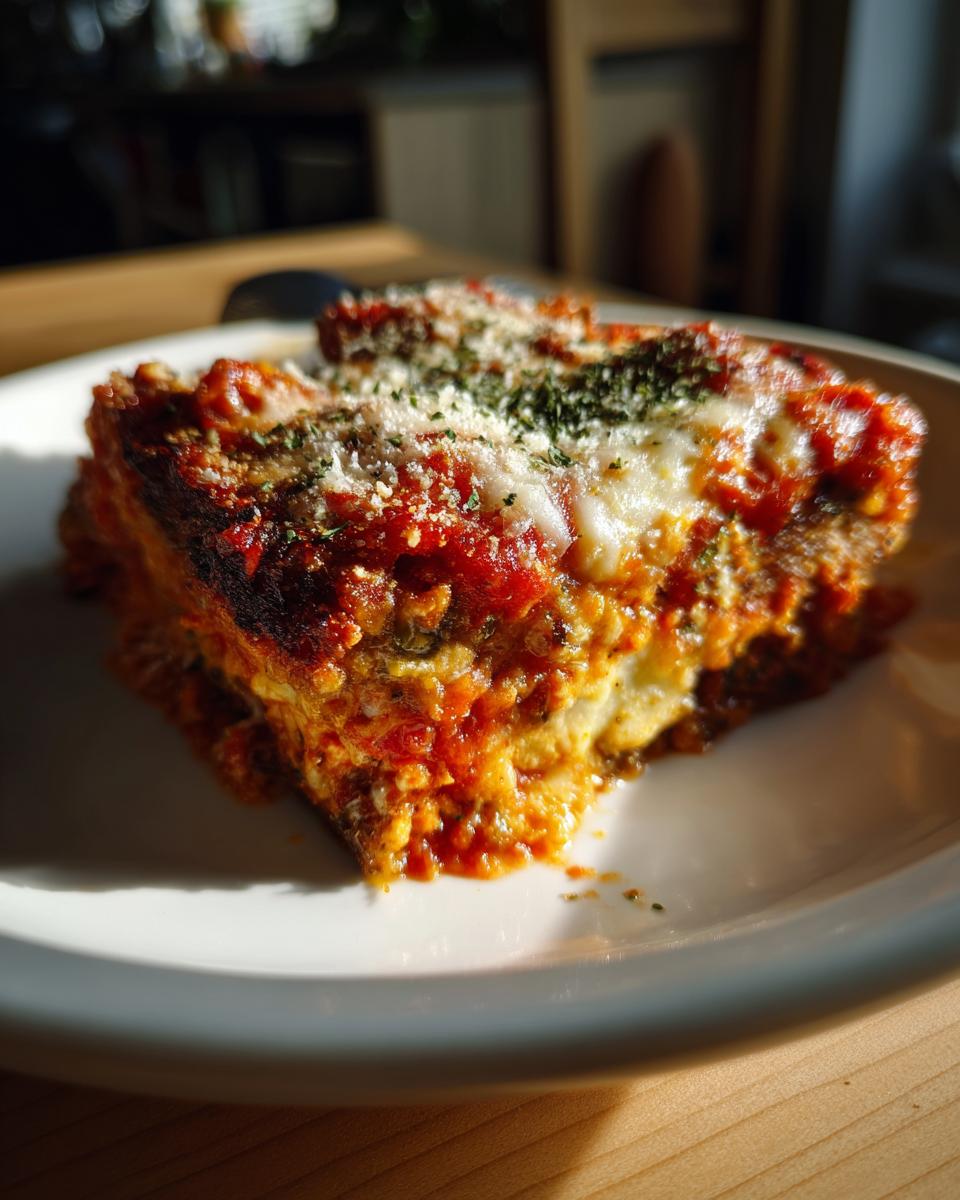 A close-up, sunlit slice of rich eggplant parmesan layered with tomato sauce and melted cheese.