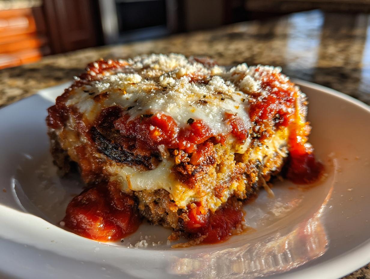 A close-up, sunlit serving of rich eggplant parmesan topped with melted mozzarella and grated cheese.