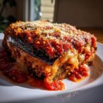 A close-up, appetizing slice of homemade eggplant parmesan layered with sauce and cheese.