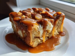 A rich, square slice of apple bread pudding generously topped with thick caramel sauce dripping down the sides.