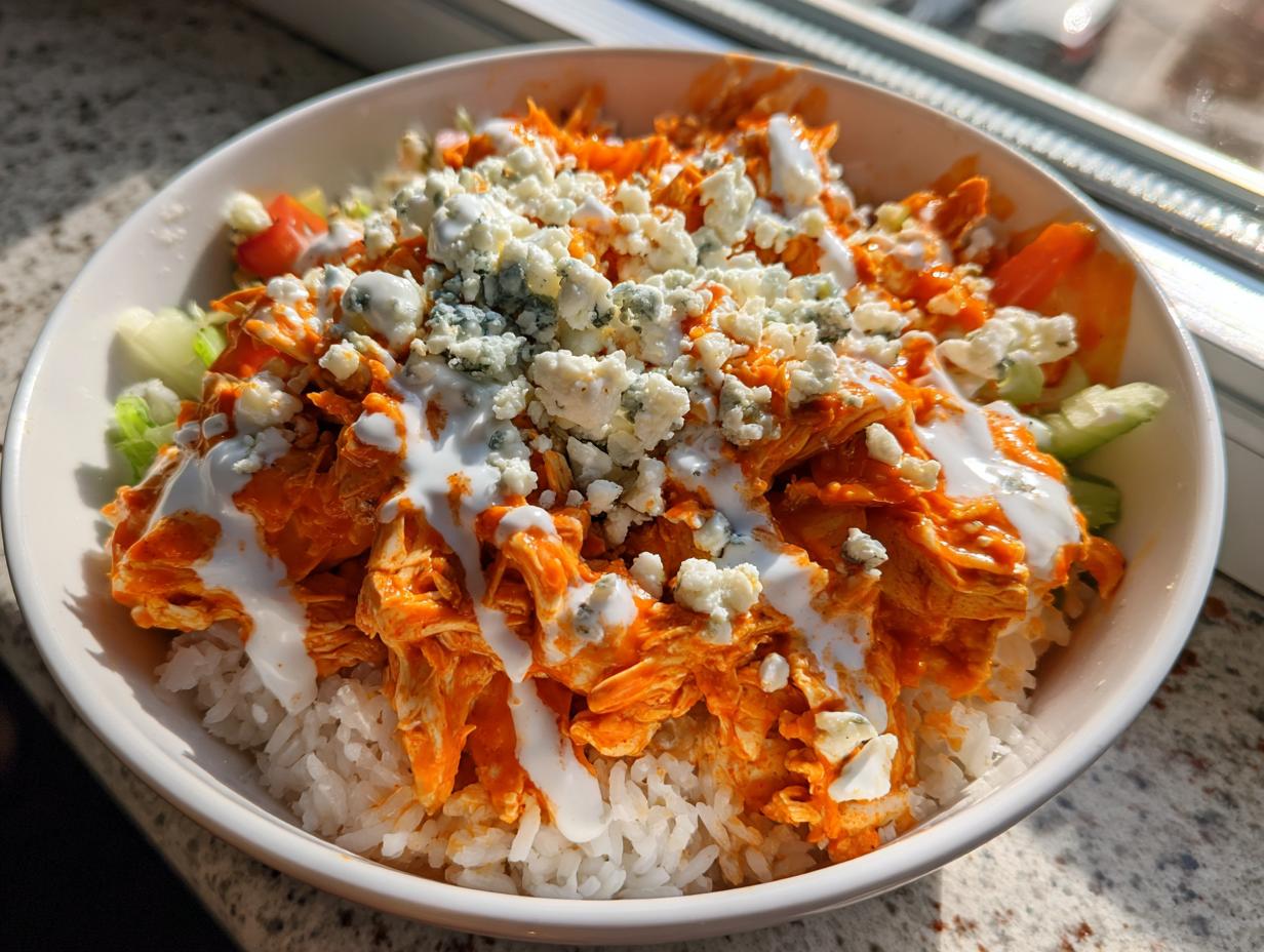 A close-up of a hearty buffalo chicken bowl featuring shredded orange chicken over white rice, topped with blue cheese and ranch dressing.