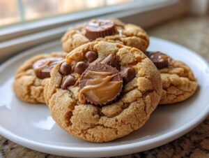 Four freshly baked peanut butter cup cookies piled on a white plate, featuring melted peanut butter filling.