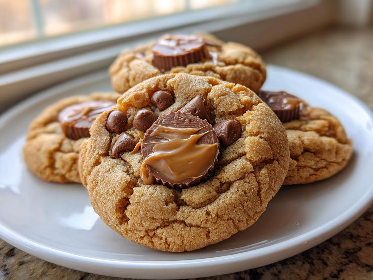 Four freshly baked peanut butter cup cookies piled on a white plate, featuring melted peanut butter filling.