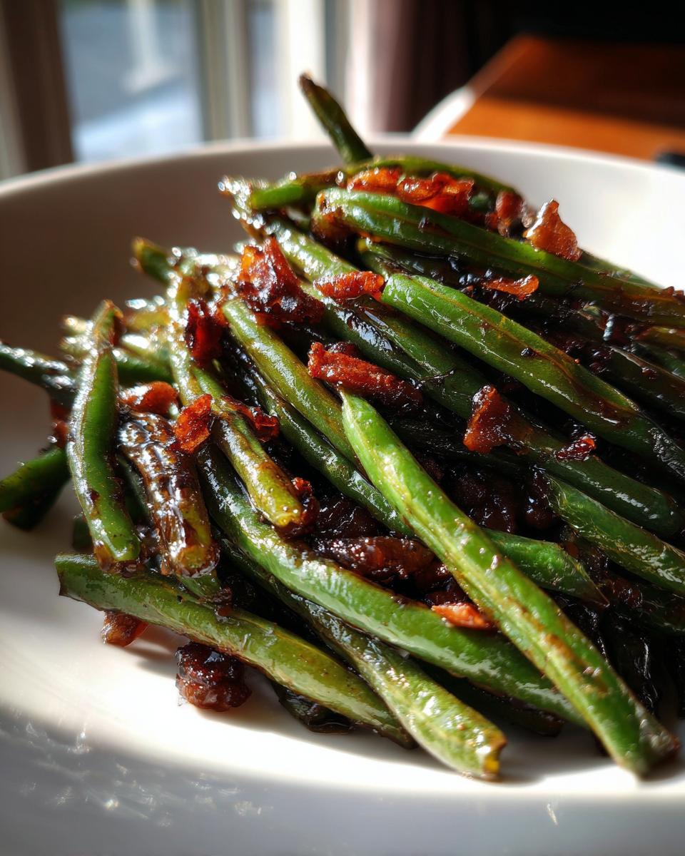 Close-up of glossy, bright green beans tossed in a dark, savory glaze with crispy bacon bits, featuring the primary keyword green beans.