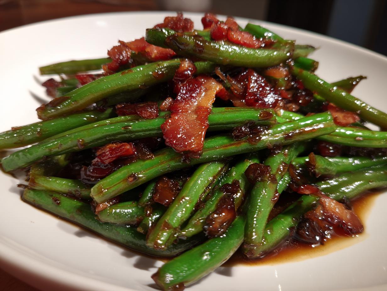 Close-up of bright green beans glazed in a dark sauce and topped with crispy bacon pieces.