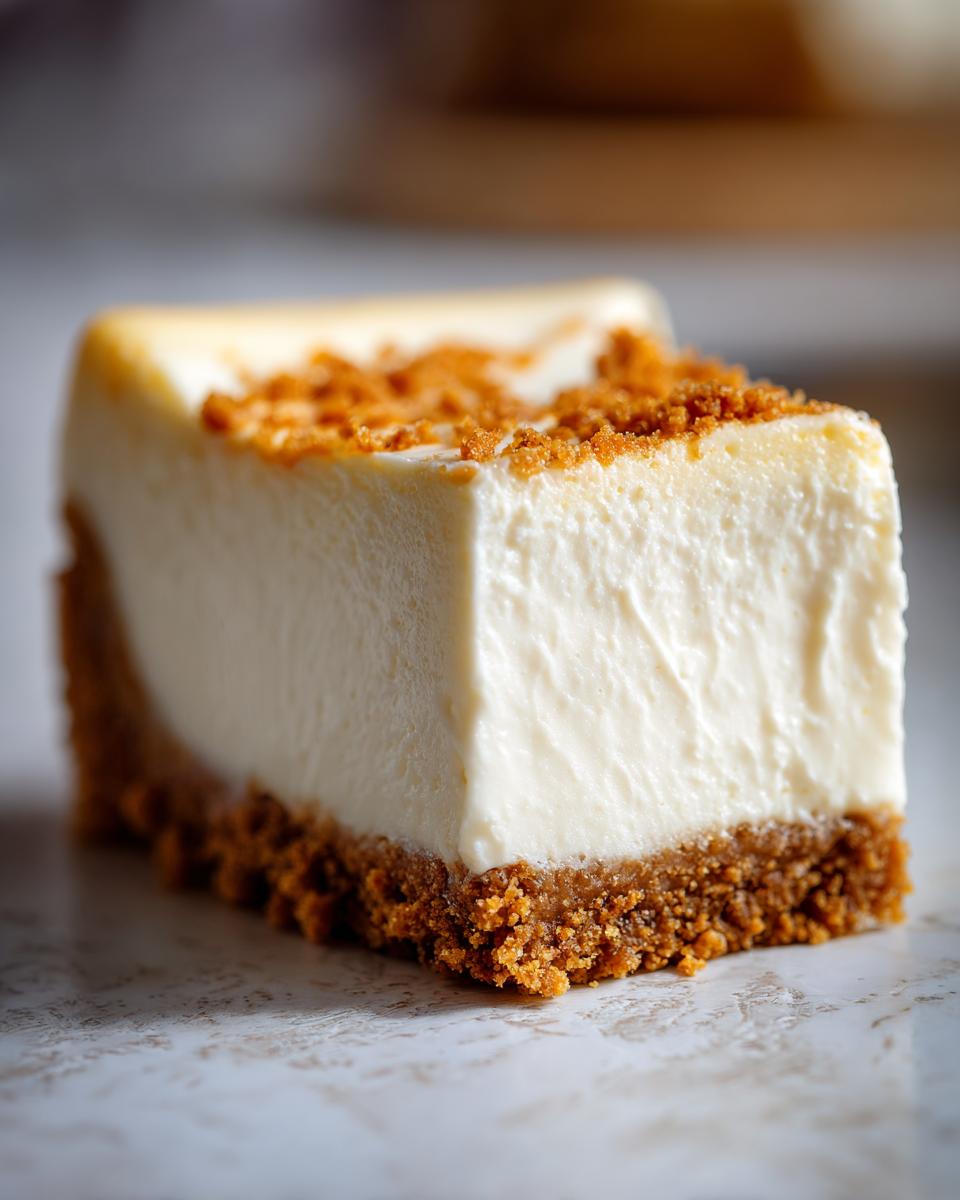 Close-up of a thick slice of creamy cheesecake recipe with a graham cracker crust and sprinkled crumbs on top.
