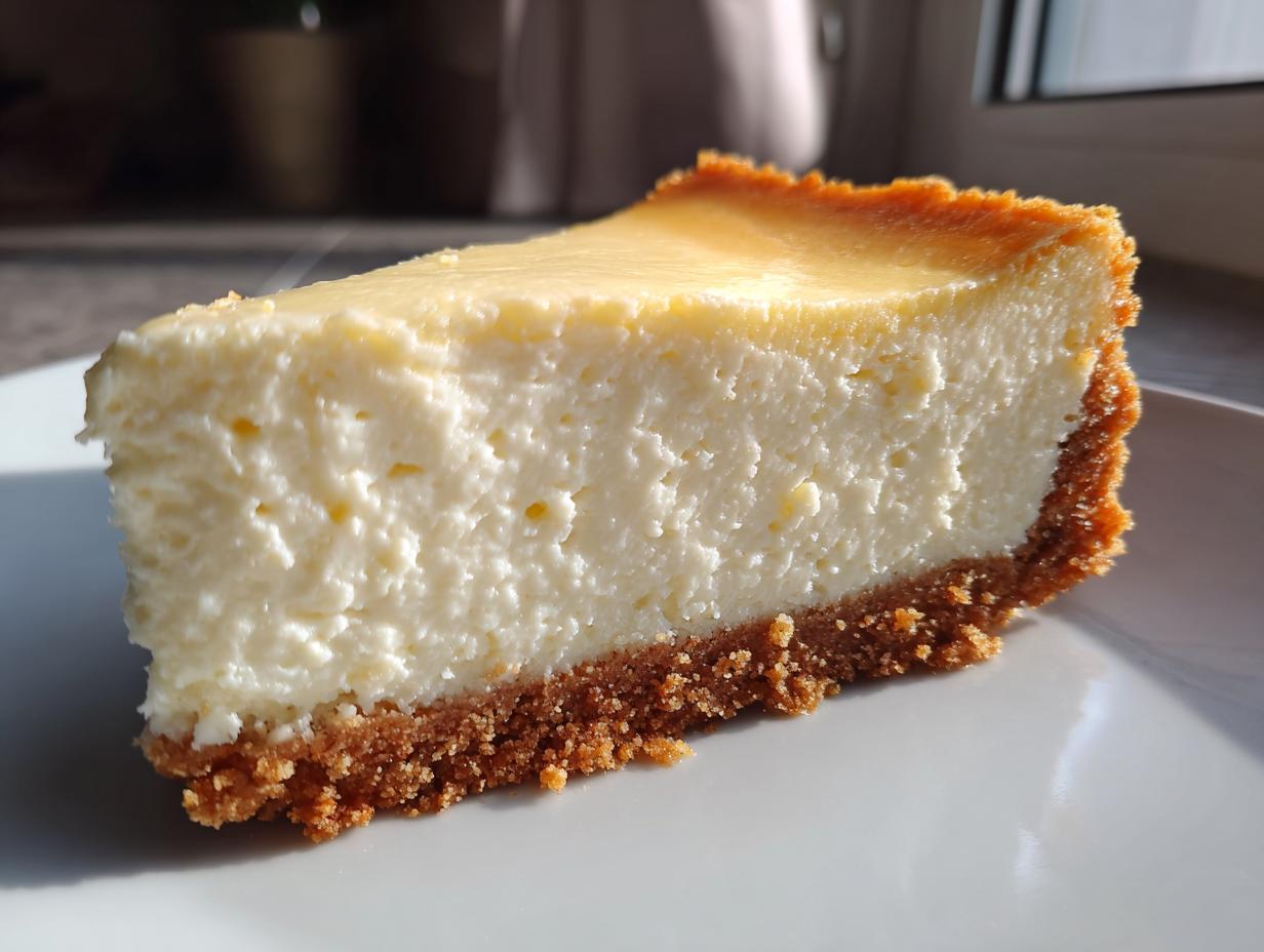 Close-up of a thick, creamy slice of cheesecake recipe with a rich, golden graham cracker crust.