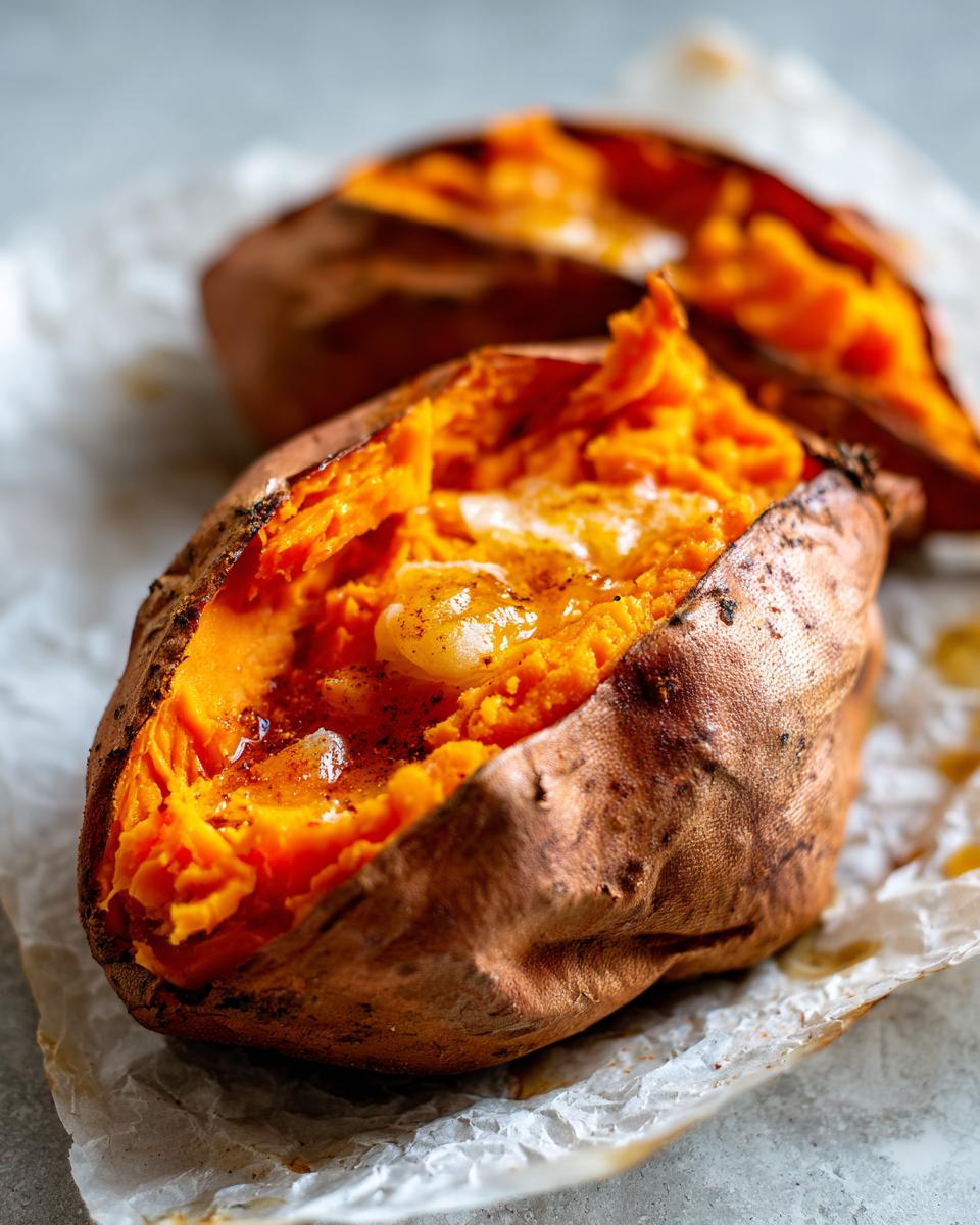 Close-up of a fluffy baked sweet potato split open with melting butter and seasoning.