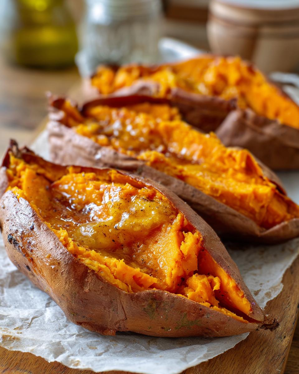 Close-up of fluffy baked sweet potatoes split open with melted butter pooling inside.