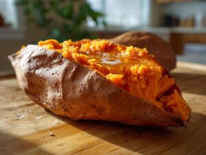 Close-up of a fluffy baked sweet potatoes split open with melted butter pooling on the bright orange flesh.