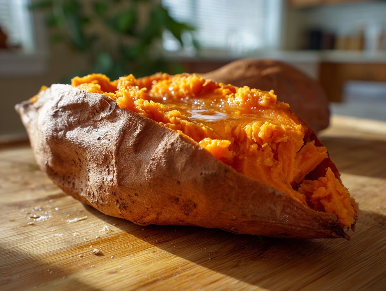 Close-up of a fluffy baked sweet potatoes split open with melted butter pooling on the bright orange flesh.