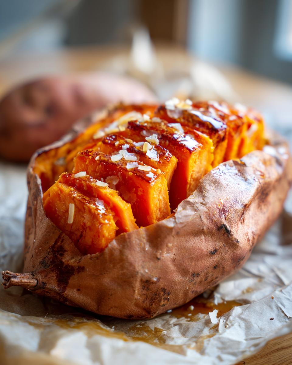 Close-up of a fluffy baked sweet potatoes, sliced and drizzled with glaze and topped with flakes.