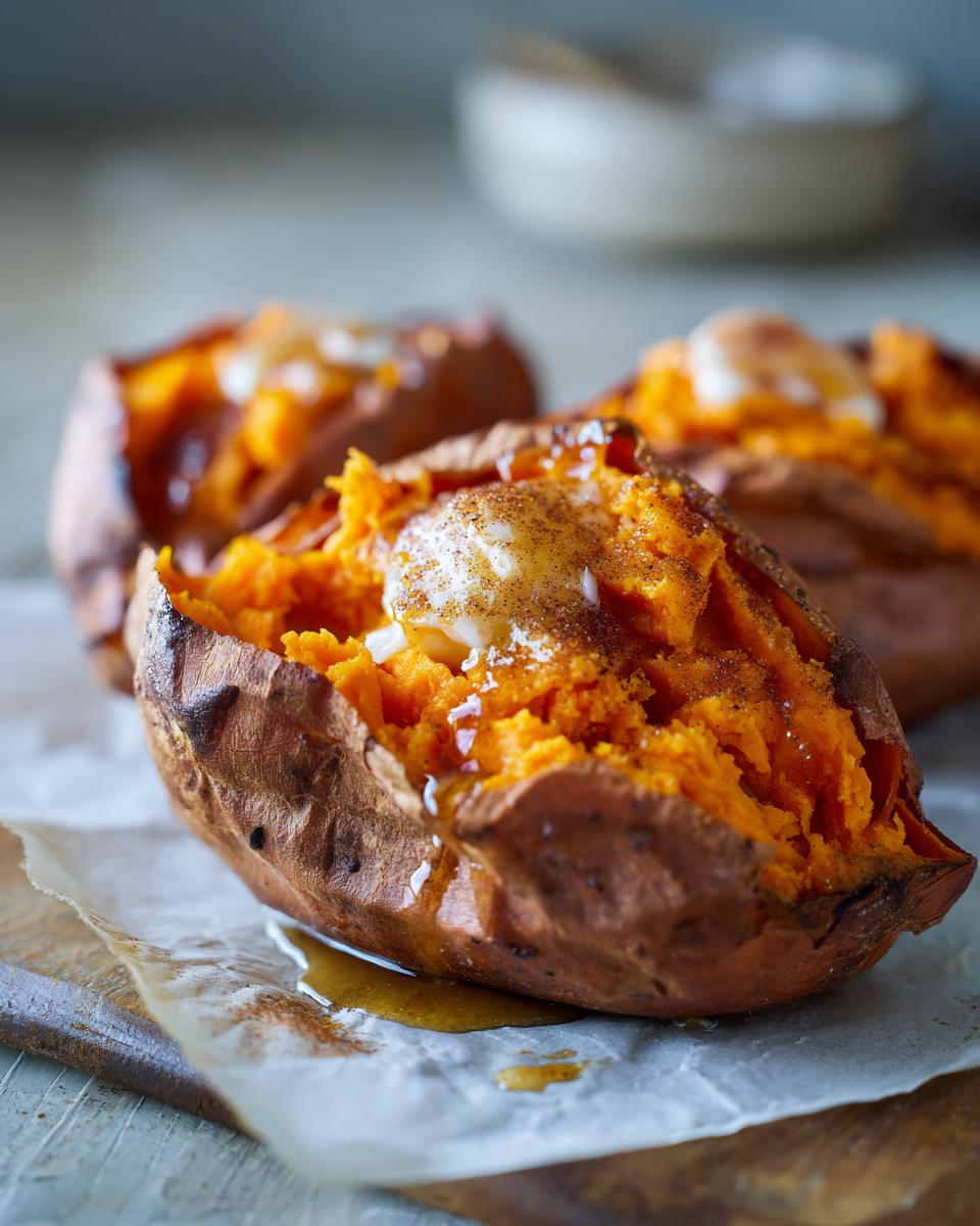 Close-up of fluffy baked sweet potatoes split open, topped with melting butter and cinnamon.